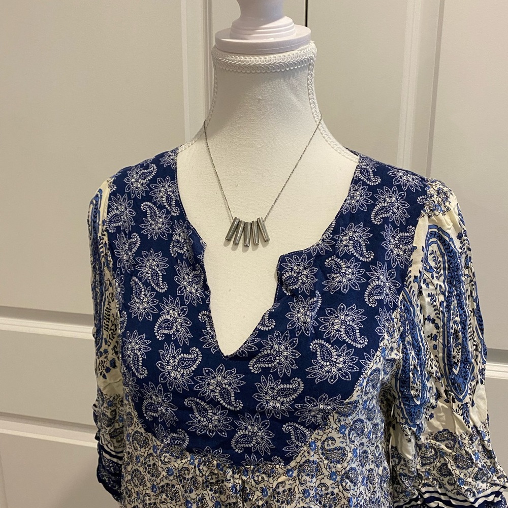 Hippie Tunic by UMGEE USA with 3/4 Sleeve in Cream/Navy - Womens S